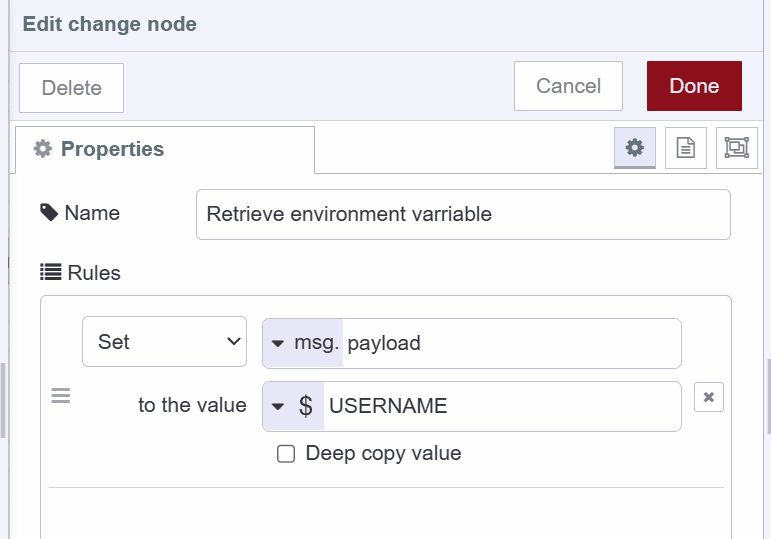 Screenshot showing how to retrieve environment variable in the change node "Screenshot showing how to retrieve environment variable in the change node"